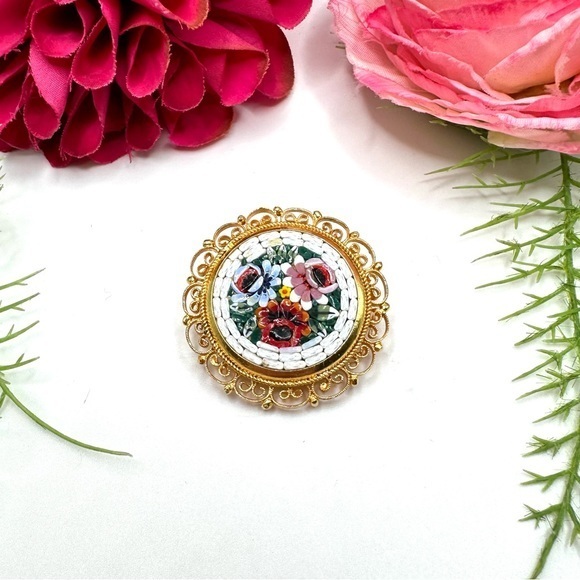 Vintage Jewelry - VINTAGE⚜️ITALY Artisan Handmade Micro Mosaic Floral Brooch